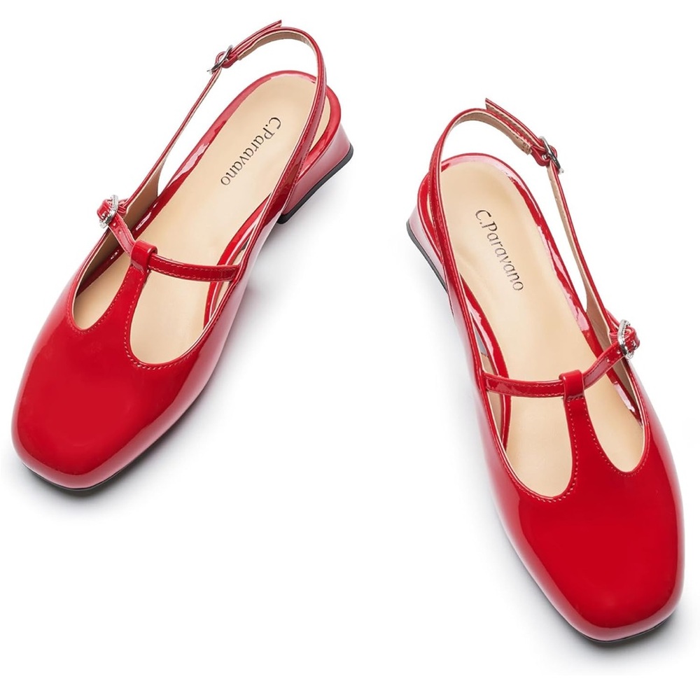 NIB Red C.Paravano Mary Jane Slingback Pump Round Toe Low Block Heel T Strap 9